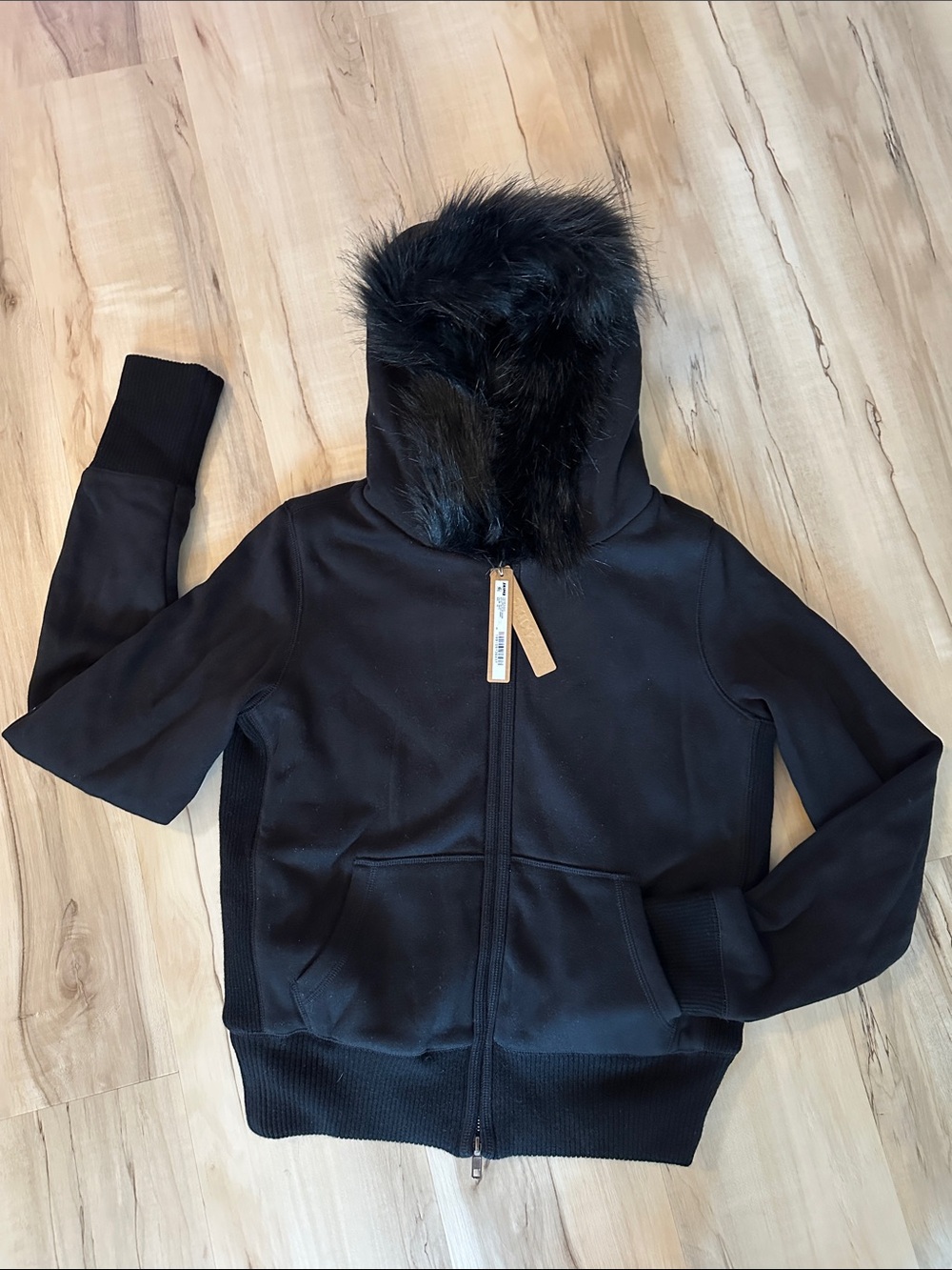 SKIMS Black Hooded Bomber with Faux Fur Trim and Lining